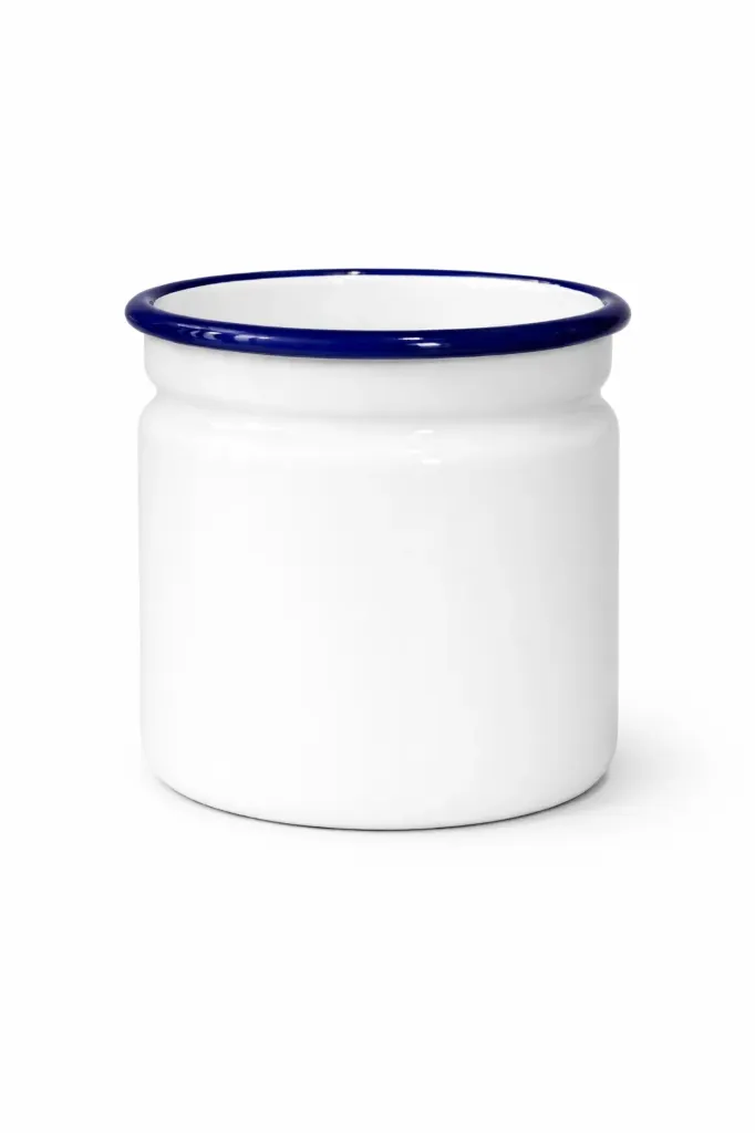 Enamel Cutlery Holder White With Blue Rim 11.5cm Dia